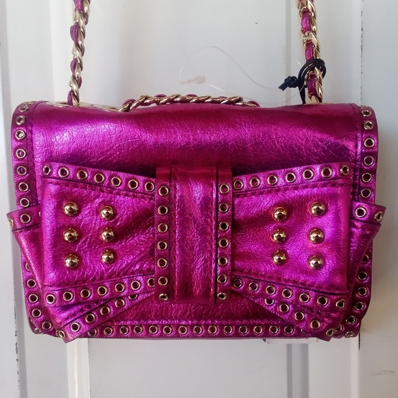 REBECCA MINKOFF NEW METALLIC FUCHSIA PINK LEATHER PURSE CROSSBODY NWT w chain - Picture 1 of 16